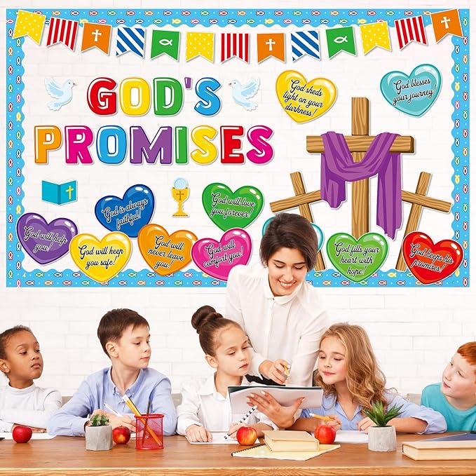 gisgfim Christian Bulletin Board Decorations Set Religious God’s Promises Paper Cutouts Colorful Heart Bible Bulletin Board Decor for Classroom Christmas Sunday School Chalkboard Wall