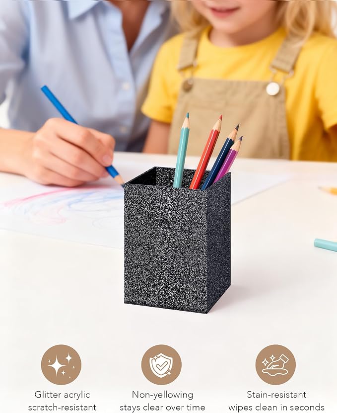 Black Glitter Acrylic Pen Holder, Acrylic Makeup Brush Storage Organizer, Pencil Pen Holder for Desk, Modern Desktop Accessories for Office School Home Supplies
