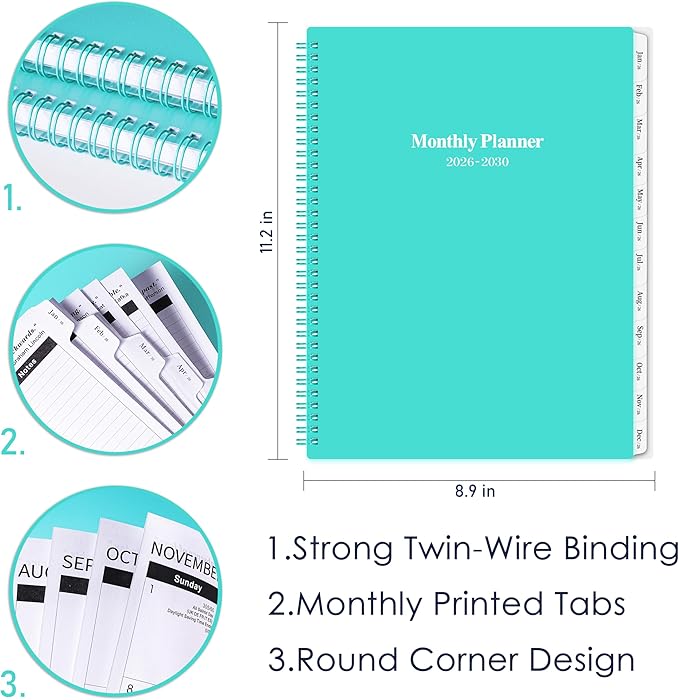 2026-2030 Monthly Planner/Calendar - Jan 2026 - Dec 2030, 5 Year Monthly Planner 2026-2030 with Tabs & Celebrity Quotes, 9" x 11", Famous Quote, Two-Side Pocket, Suitable for Long-Term Planning, Green