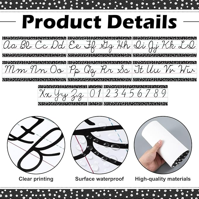 Set of 9 Cursive Writing Bulletin Board Cursive Alphabet Wall Strip for Teacher Supplies, Classroom Teaching Tool, Homeschooling, Kids Education(Black Dot)