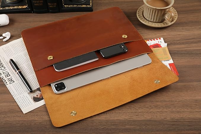 Leather Tablet Sleeve - 12.9 Inch iPad Sleeve, Document Holder Folio File Holder, Genuine Leather Laptop Sleeve Case for Protection and Style-Brown-Custom