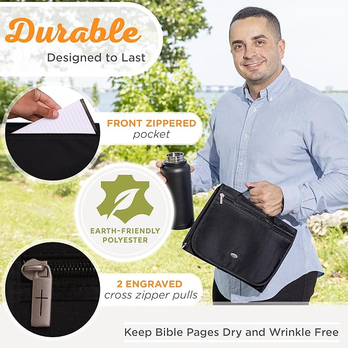 Christian Art Gifts Black Microfiber Bible Cover for Men and Women | Ichthus Jesus Fish Emblem | Extra Large Zippered Tri-Fold Organizer Case for Bible