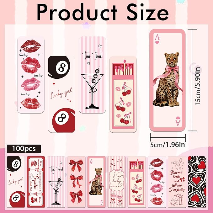 Y2K Coquette Aesthetic Bookmarks, 100 Pcs Pink Bow Leopard Book Marks for Reading Women Girls, Funny Girly Paper Page Markers Bluk for Novel Planner Diary School Supplies Bookish Gifts for Birthday
