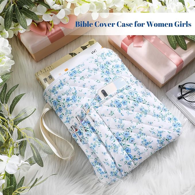 Gilprop Blue Floral Bible Book Sleeve with Zipper 11" x 9" Padded Protector Washable Quilted Book Covers Printed Bible Pouch with Handle Pockets Protector for Books Lover Mother's Day Christian Gifts