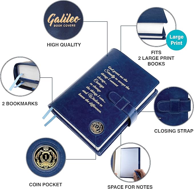 GALILEO® Large Print Double AA Big Book Cover & 12 Steps & 12 Traditions | PU Leather | AA Book Covers for Hardcover | AA Gift | Alcoholics Anonymous | Serenity Prayer (Large Print/Navy Blue)
