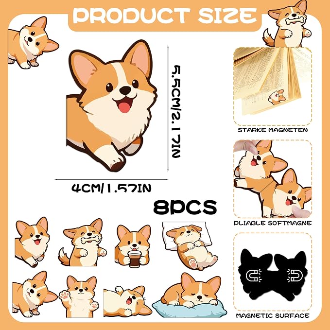 Corgi Magnetic Bookmarks Gifts - 8 Pcs Cute Dog Bookmark for Women Kids Pet Animals Lovers Students Funny Page Clips School Office Reading Accessories Bookworms Gift for Birthday Christmas
