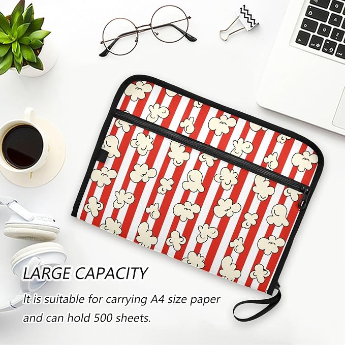 Popcorn Red White Striped File Folders,Plastic Folders with 13 Pockets,Expandable File Folder for Documents School Students Office,Aesthetic Folder with Labels A4 Letter Size