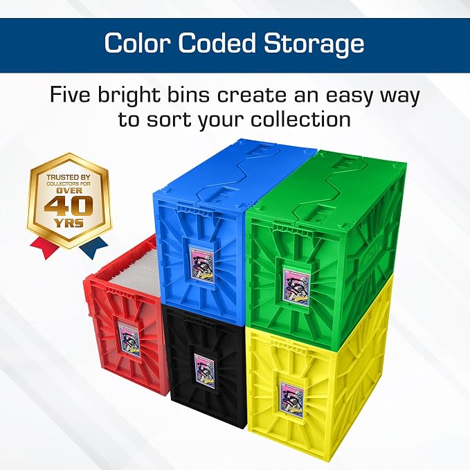 BCW Short Comic Book Bin 5 Pack – Assorted Colors | Comic Book Storage Box Set | Plastic Comic Organizer | Heavy Duty Acid-Free Bin with Partitions