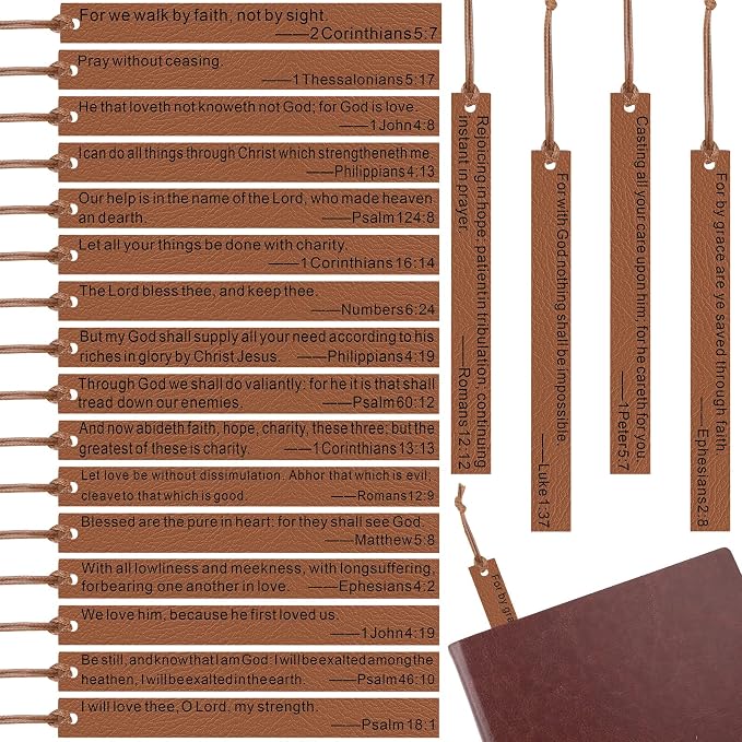 Roowest 20 Pcs Christian Father Day Gifts Bible Bookmark Inspirational Book Markers Religious Gifts for Christian Leather Bookmark Scripture Church Supplies Reading Reward, 20 Styles(Brown)
