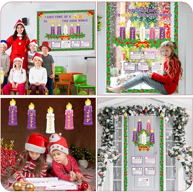 Christmas Advent Bulletin Board Christmas Nativity Religious Bulletin Board Set Xmas Jesus DIY Candle Peace Love Joy Hope Cutouts for Xmas Holiday School Classroom Party Decor
