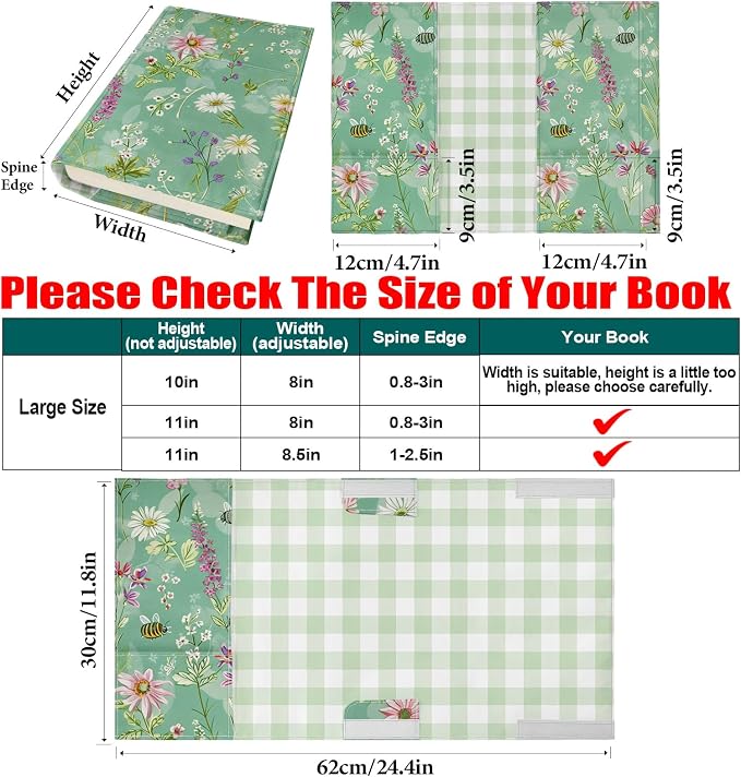 Adjustable Paperback Book Cover Protector, Washable Soft Canvas Fabric Book Covers with Bookmark,Double Side Floral Print Book Dust Jacket Covers for Hardcover Novel Book Lovers Gift L
