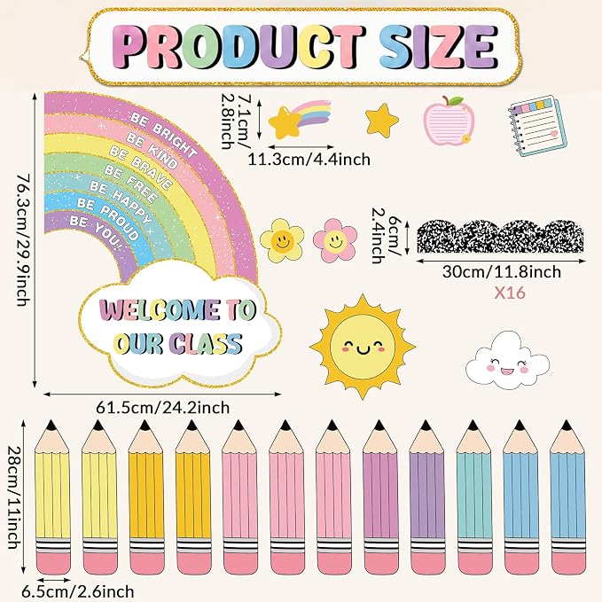 Rainbow Bulletin Board Set Back to School Classroom Decoration Colorful Pencil Bulletin Board Composition Notebook Inspirational Positive Affirmation Paper Cutouts for Classroom Chalkboard Wall Decor
