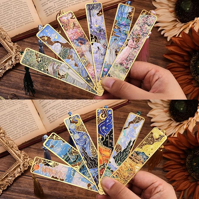 12 Pieces Metal Bookmarks with Tassel, Golden Hollow Bookmark Oil Painting Theme Girl Book Mark Bookmarks for Book Lovers Writers Readers Children Teens Men Women Adults