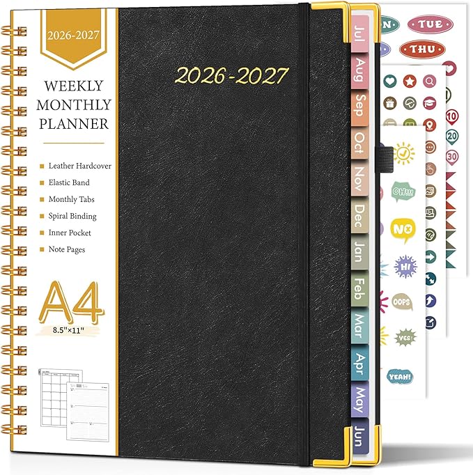 Academic Planner 2026-2027, Hardcover Leather Weekly and Monthly Calendar Planner from July 2026 - June 2027, A4 8.5" x 11" Daily Agenda with Tabs, College School Organizer for Student Teacher, Black