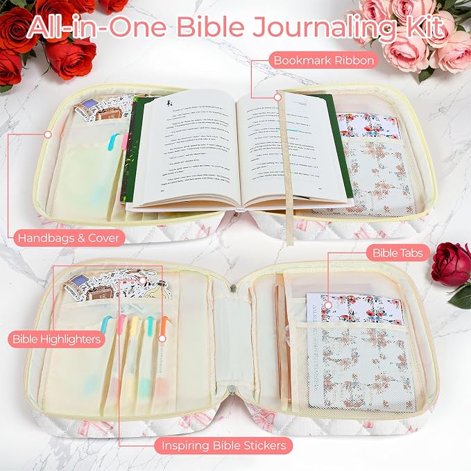 WOBAGMEN Bible Cover Case for Women,Large Bible Tote Bags Organizer Quilted Carrying Case for Girls,Bible Study Supplies Accessories Christian Gifts for Women (Pink Cute Bow, M)