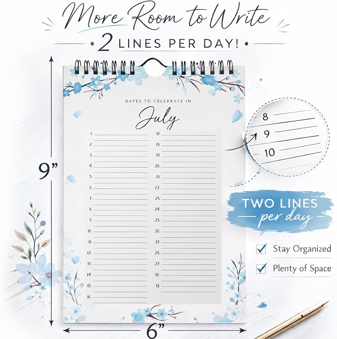 Perpetual Floral Wall Calendar for Birthdays and Anniversaries -12 Months - Dates to Remember Book - Journal for Important & Special Days - Wall Hanging Date Organizer 6 x 9 inches
