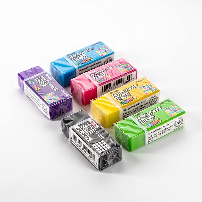 Pentel Hi-Polymer Block Eraser Colors Small, Assorted Colors, 6-Pk (ZEH05CRBP6M)