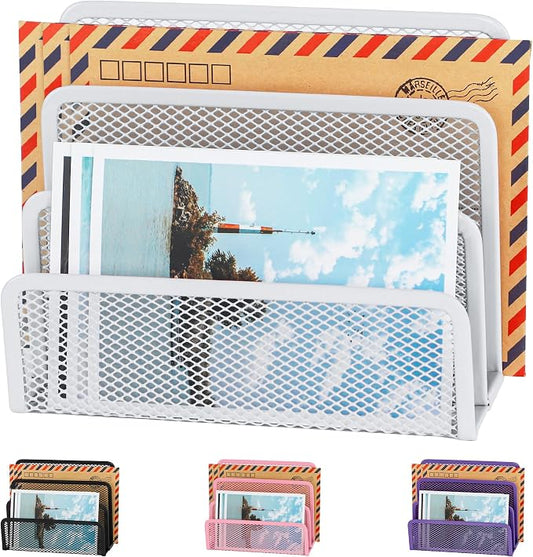 EASEPRES Desk Mail Organizer, Office Small Desktop Metal Mesh Envelope Letter Sorter Paper File Holder Organizer with 3 Vertical Upright Compartments, White 1 Pack