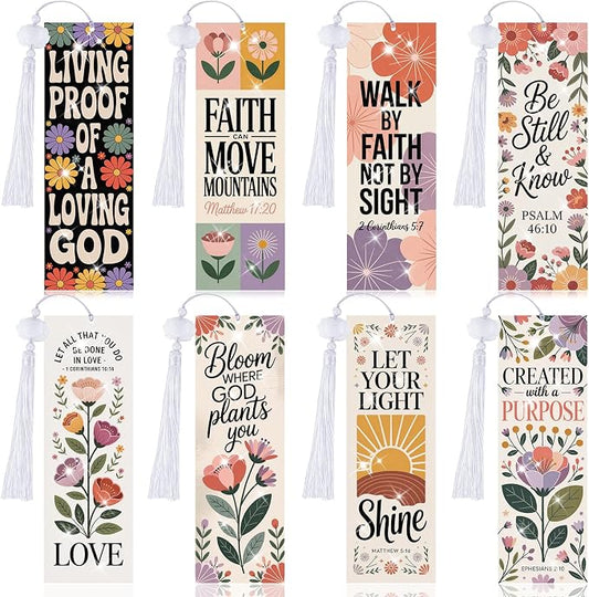 8 Pieces Christian Bible Verse Diamond Art Bookmarks 5d Christian Beaded Bookmark Acrylic Tassel Bookmark for DIY Making Beginners Adults Arts Craft Supplies (Boho Floral)