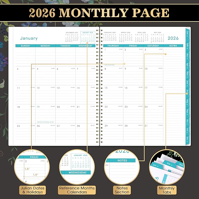 2026 Monthly Planner - 9'' x 11'', Large 12 Monthly Calendar/Planner 2026, Jan. 2026 - DEC. 2026, 2026 Calendar Planner with Twin-wire Binding, Note Pages, Tabs, Inner Pocket, Thick Paper