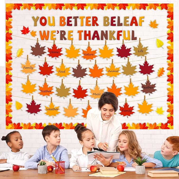 Pajean Thanksgiving Bulletin Board You Better Be Leaf We're Thankful Cutouts Fall Classroom Decor with Wooden Clips Rope for Autumn School Home Chalkboard Wall Window Door Decor