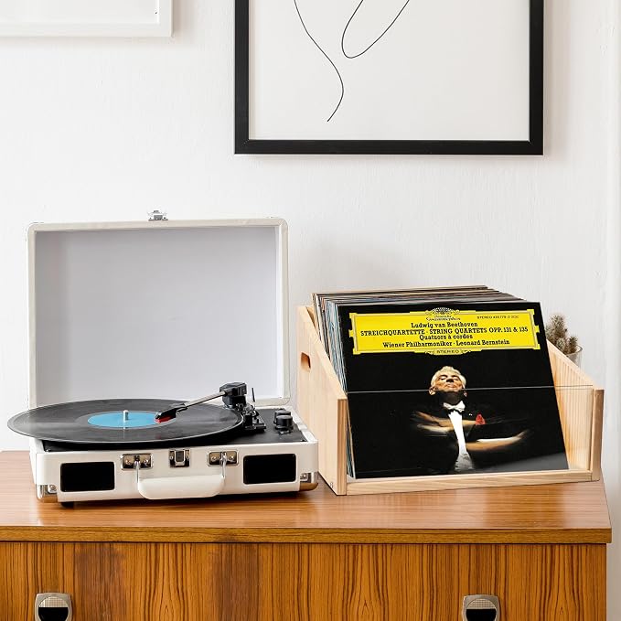 GRETJOB Vinyl Record Storage Crate - Wooden & Acrylic Record Storage Holds 70+ Records, Books, Files - Desktop & Home Office Storage with Handle (Nature wood color)