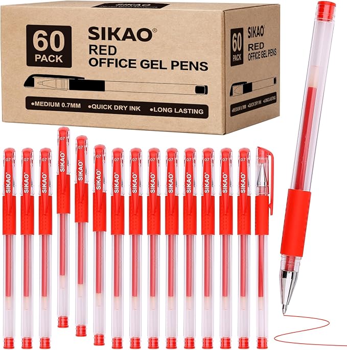 Red Gel Pens Bulk, 60 Pack 0.7mm Fine Point Gel Ink Rollerball Pens, Smooth Quick-Dry Red Ink No Smear, Comfortable Grip Pens for Grading, Editing, School, Office & Note Highlighting