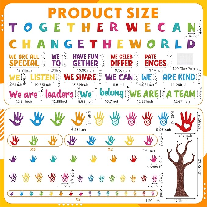 Dispowreath 131 Pcs Colorful Diversity Bulletin Board Set Diverse Handprint with Tree Cutouts Inspirational Diversity Classroom Decorations for Welcome Back to School Classroom Door Bulletin Board