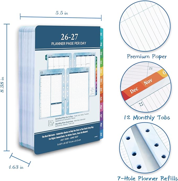 2026-2027 Planner Refills – Jul 2026 - Jun 2027, Two Pages Per Day Daily ＆ Monthly Planner 2026-2027, 5.5" x 8.4" Ring-Bound Organizer, Tabs, Quotes, Prioritized Task, Daily Tracker/Notes, Appointment Schedule