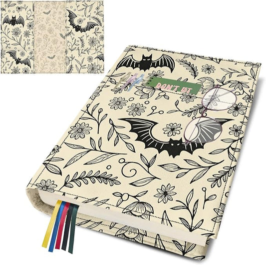 Bat Flower Book Cover Protector for Paperback,Adjustable Soft Canvas Fabric Book Cover with Pocket Bookmark,Double Side Print Book Dust Jacket Covers for Hardcover, Halloween Book Lovers Gift