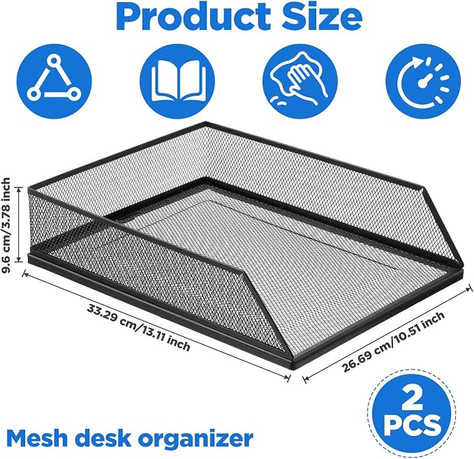2Pcs Paper Organizer for Desk Metal Letter Tray Paper Tray Stackable File Holder A4 Black Desk Files Organizer Office Supplies File Document Storage Rack desks Drawer Organizers for Home
