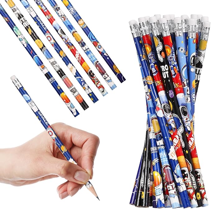 24 Pcs Space Pencils for Kids，Novelty Fun Lead Pencils with Eraser Rocket and Space Party Favors for Birthday Party，Classroom for Teacher Supplies，Student Favors Reward