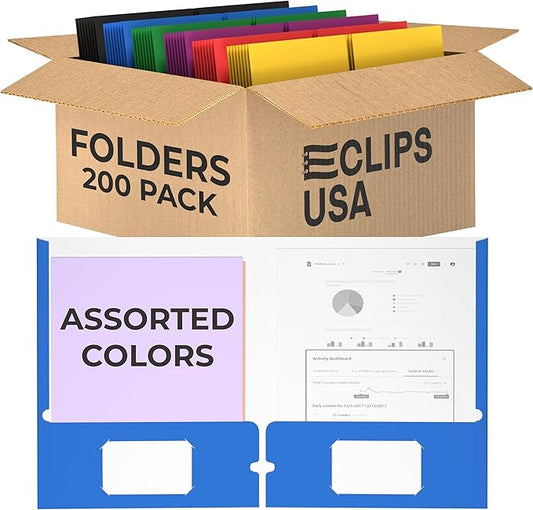 Folders with Pockets 2 Pocket Folders Bulk Holds 100 Sheets (50 Sheets Per Pocket) Assorted Colors Office School (200 Pack)
