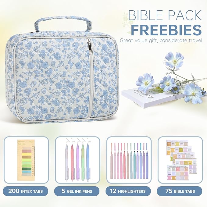 Bible Cover Case for Women Large Bible Cover with Durable Handle Quilted Bible Carrying Case for Girls Bible Study Supplies Accessories (Blue Flower, Blue Flower)