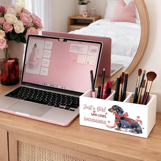 Dachshund Desk Organizer Wooden Pen Pencil Holder for Desk, 3 Compartments Office Accessories, Just a Girl Who Loves Dachshunds Decor, Cute Dachshund Lover Gift for Women Home Office