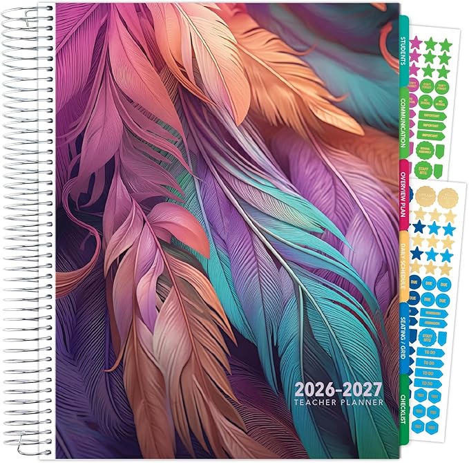 DELUXE TEACHER PLANNER Aug 2026-Jul 2027 8.5x11 Daily Weekly Monthly Organizers with 7 Periods, Pocket Folder, Dated Calendar, Page Tabs, Bookmark and Planning Stickers (Pastel Peacock)