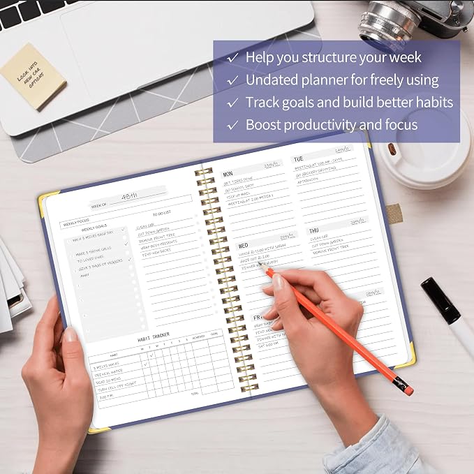 Undated Weekly Planner, Weekly To Do List Notebook with Goal & Habit Tracker Organizer, A5 Hardcover Weekly Planner for ADHD, Office School Home Supplies, Reduces Stress and Boosts Productivity - Purple