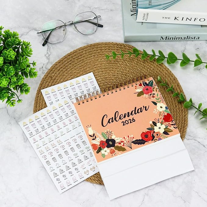 MultiBey Small Desk Calendar 2025-2026, Standing Flip Calendar for Desk with Floral Cover, 6.5" x 6.5", July 2025 to December 2026, 18-Month Desktop Calendar, To-Do Notes & Stickers for Planning (Flower House)