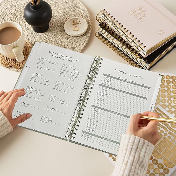 Wedding Planner Book and Organizer for Bride - Elegant Linen Cover Wedding Planning Binder with Checklists,Pockets & Calendars,Perfect Engagement Gifts for Couples(Sage)