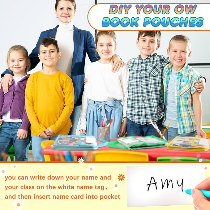 Teling 12 Pack 10 x 12 Inch Clear Book Pouches with Handles and Name Tags, Heavy Duty Reusable Library Book Bags for Classroom, Students Kids and Teacher Supplies (Bright Color)