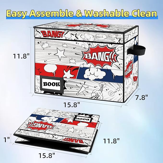 10 Pack Comic Book Storage Box, 15.8" X 7.8" X 11.8", Heavy Duty Collapsible Holds 160-180 Comic Book Bin Container Holder Shelf (Cartoon Clock)