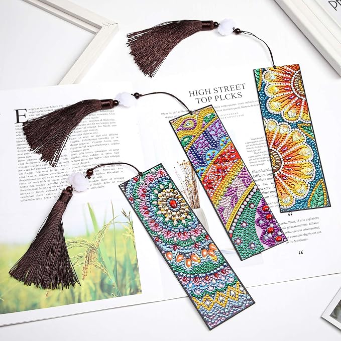 Outus 3 Pieces Diamond Art Bookmark Diamond Tassel Beaded Painting Bookmark DIY Leather Tassel for Graduation Birthday Embroidery Arts Crafts Christmas Supplies