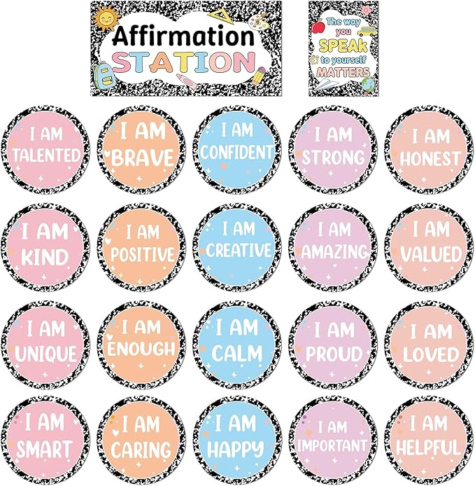 22 PCS Composition Notebook Affirmation Station Bulletin Board Affirmation Station Cards Positive Mirror Growth Mindset Decorations Inspirational Posters for Back to School Classroom Decor