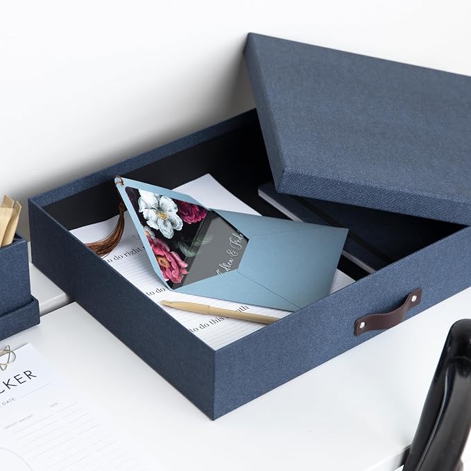Bigso Sverker Canvas Fiberboard Legal and Art Storage Box | Scrapbook Storage Box for Loose Papers and More | Durable Document Boxes with Lid and Leather Handle | 17.1’’ x 12.2’’ x 3.3’’ | Blue