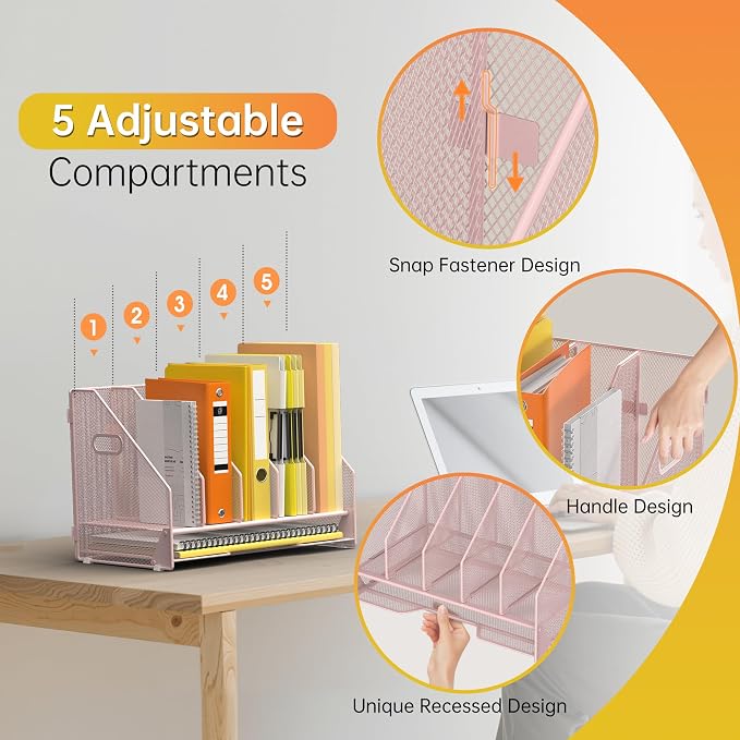 Docnest Desk File Holder Sorter, 5 Vertical Compartments Rack with Letter Tray, Mesh Magazine File Holder with Handle,Workspace Organizers,Desk Organizers for Paper, Mail, Documents-Pink