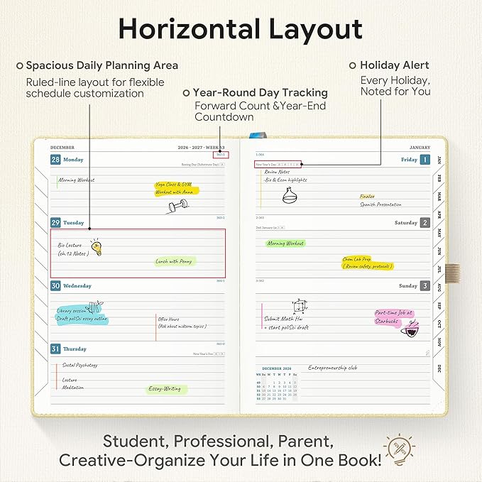 Planner 2026-2027 Weekly & Monthly Planner, 18 Month Academic Calendar July 2026 – Dec 2027, Horizontal Layout with Monthly Tabs, Textured Fabric Hardcover, Yellow