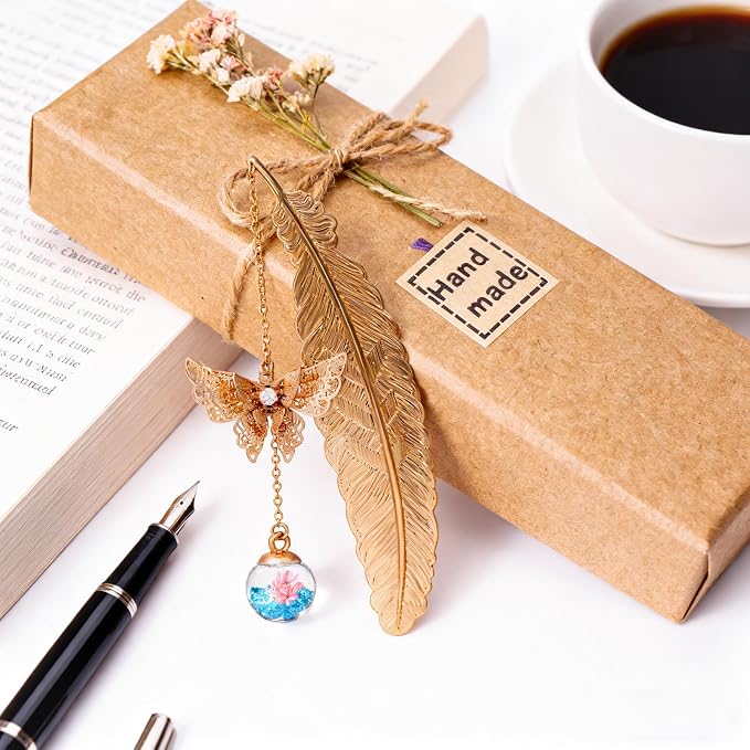 Teacher Retirement Gifts - Metal Feather Bookmark with 3D Butterfly & Real Dried Flower Pendant - Bookmark for Women & Book Lovers Under 10 Dollars - Gift Box Included