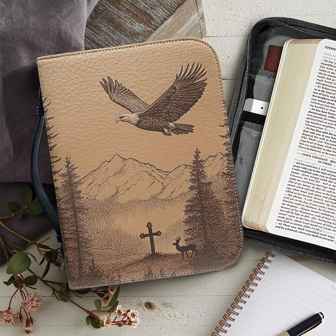 Leather Bible Cover Case, Book Cover with PU Bookmark, Bible Case,Brown Bible Covers for Men,Christian Gifts,Cross Deer and Bald Eagle,Small