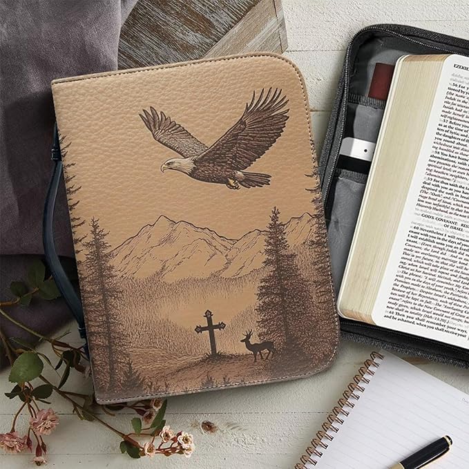 Leather Bible Cover Case, Book Cover with PU Bookmark, Bible Case,Brown Bible Covers for Men,Christian Gifts,Cross Deer and Bald Eagle,Small