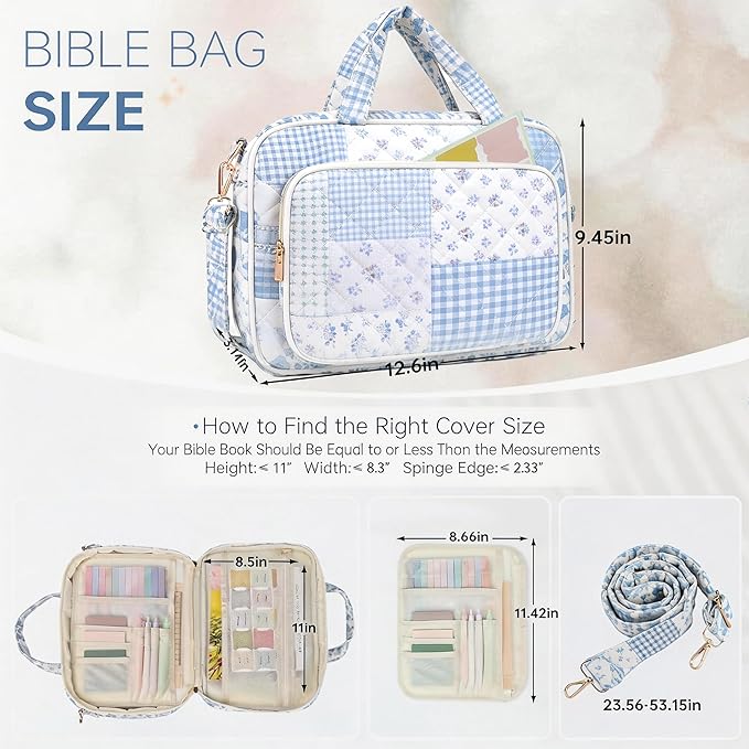 Bible Cover Case for Women Bible Study Supplies Christian Gifts for Women Church Camp Essentials Christian Bible Journaling Kit Quilted Large Bible Cover (Spliced Blue Flower, Large)